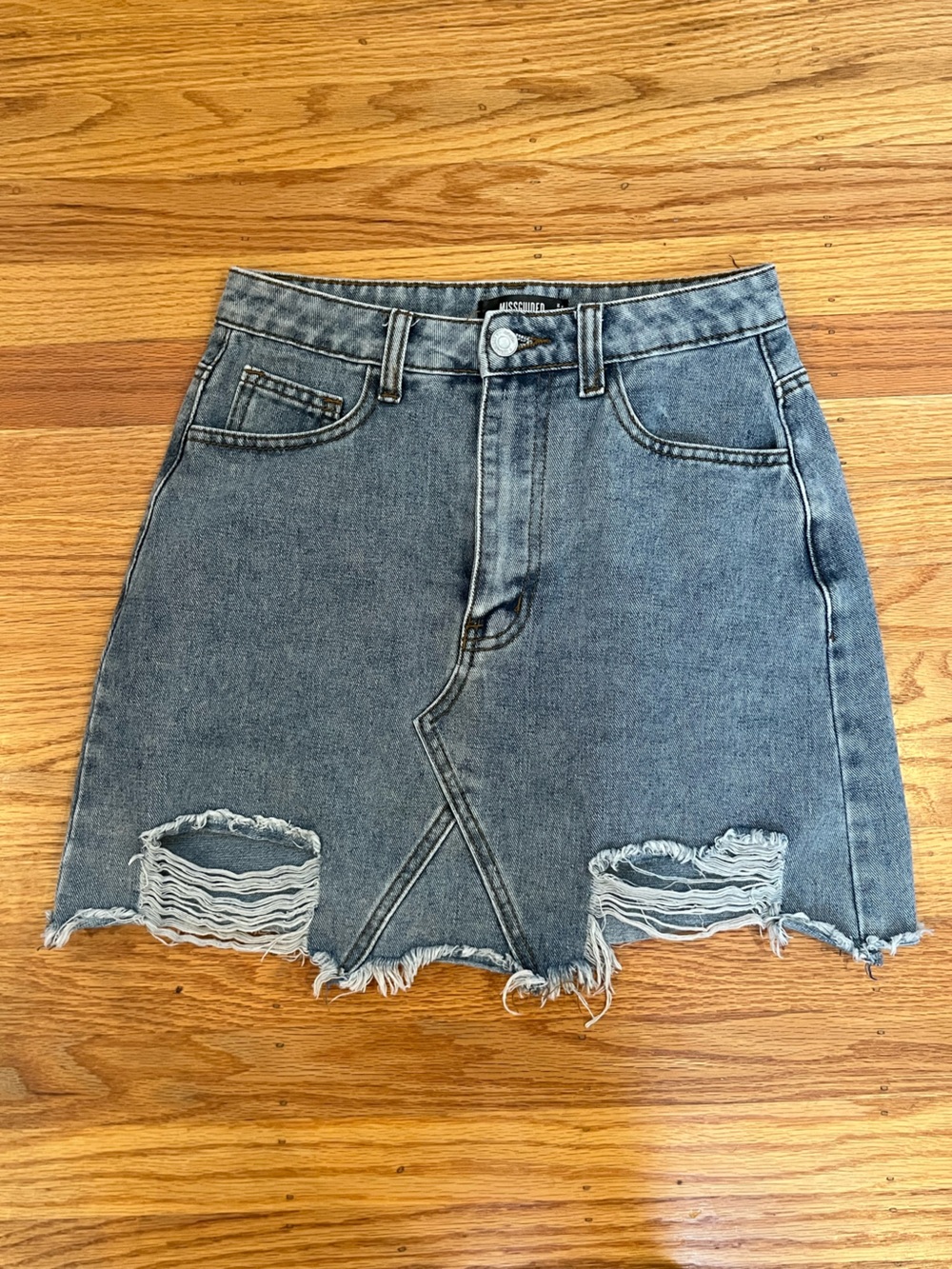 Distressed Denim Mini Skirt - Light Blue